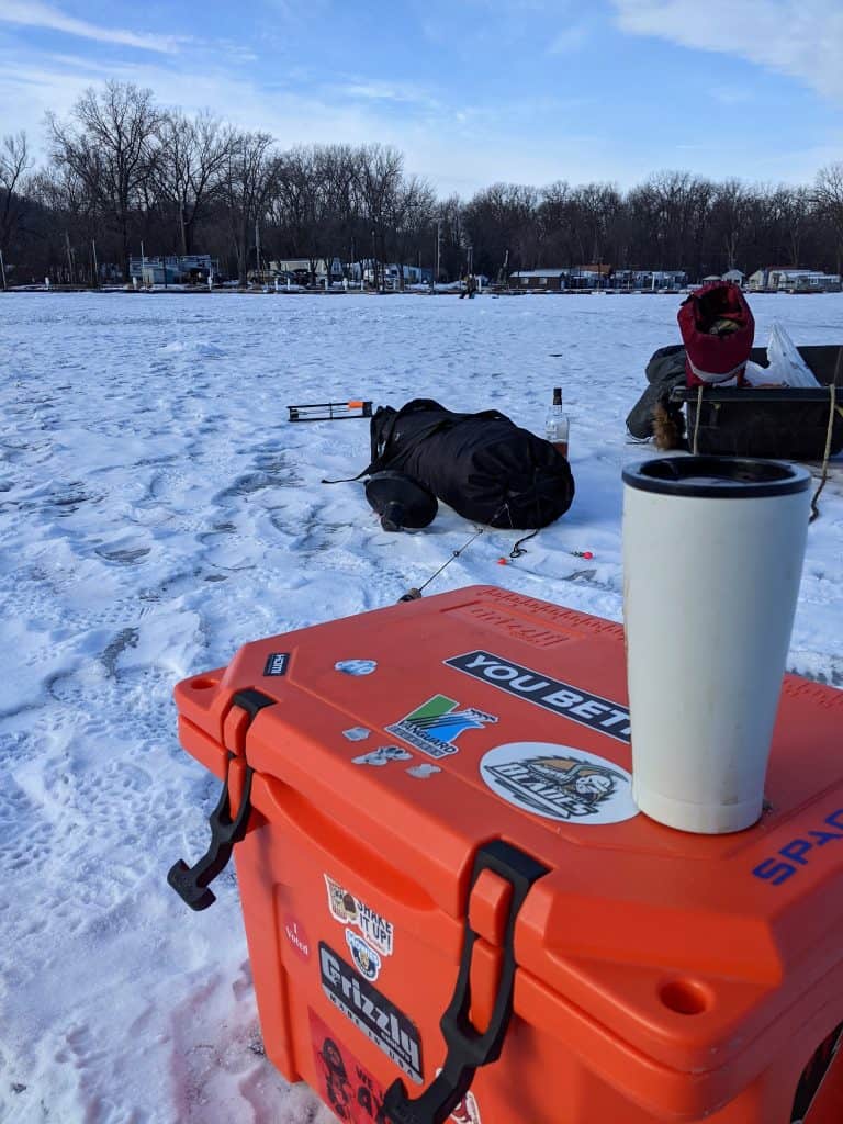 grizzly cooler repurposed for ice fishing storage, bait box and seat