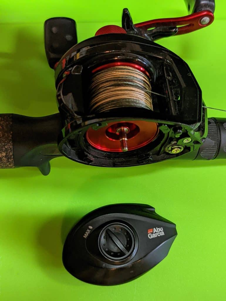 abu garcia black max low profile reel with sideplate removed