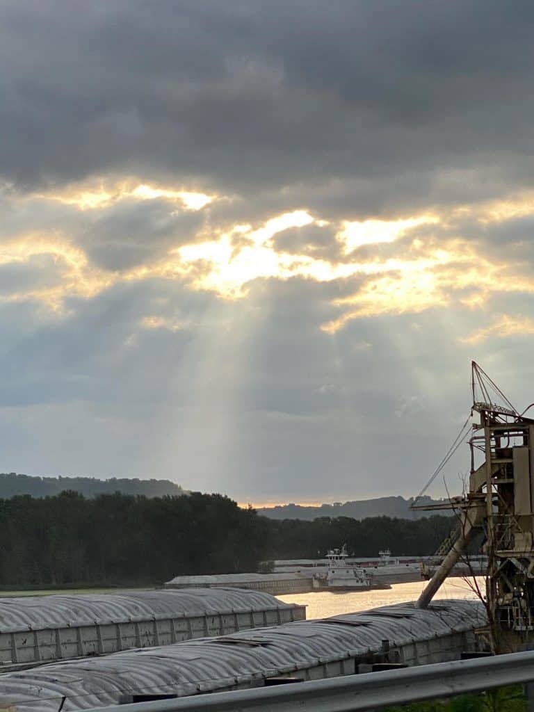 sun rays coming in by the barge terminal in Winona, MN