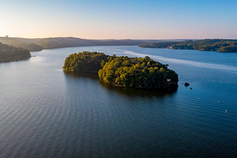 aerial view from the middle of Lake of the Ozarks just after sunrise