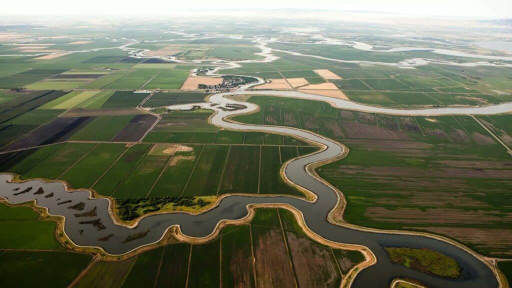 Aerial view of The California Delta across farmland