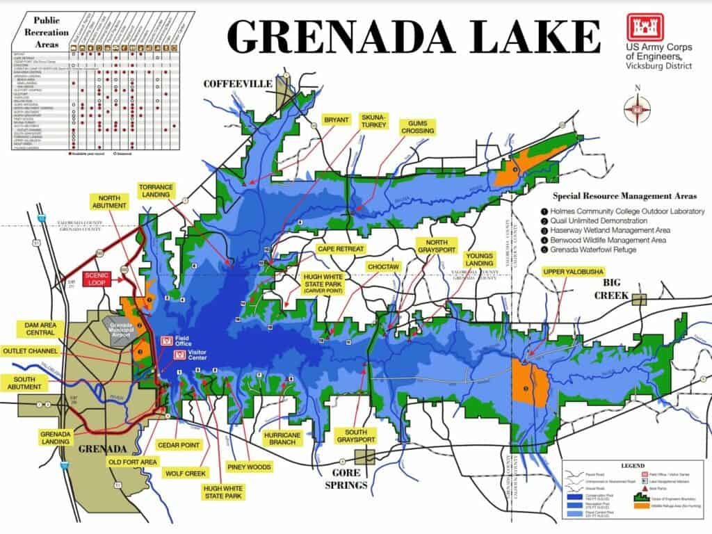 Grenada Lake map with boat access, landmarks, creeks and other nav points outlined within the legend of the map.