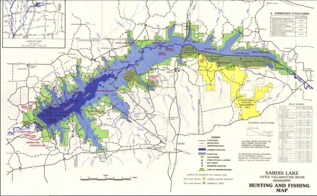 best bass fishing in Mississippi - Sardis lake map