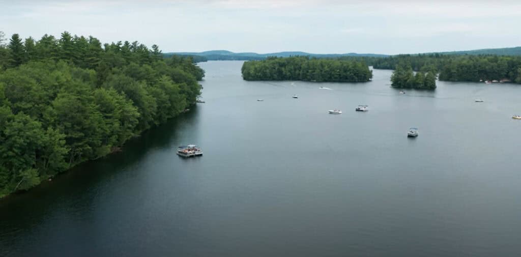 best bass fishing lakes in Maine - aerial view of Cobbosseecontee Lake