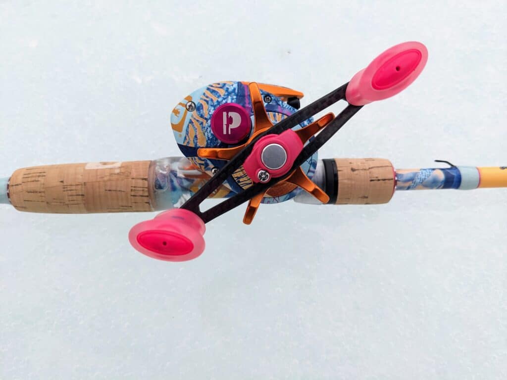 Profishiency Krazy Rizz Baitcast Combo - side view, crank side of reel and reel seat on rod