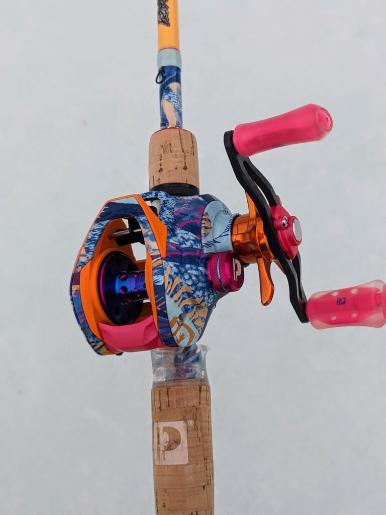 Profishiency Krazy Rizz Baitcast Combo - side angled view of reel in rod seat, crank side