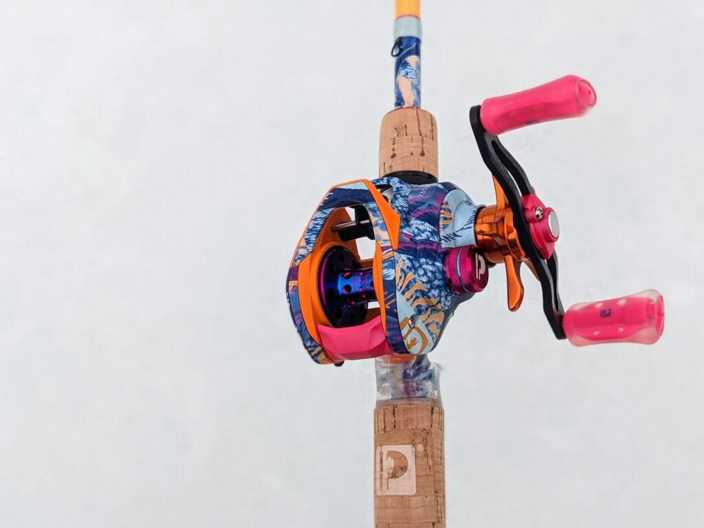 Profishiency Krazy Rizz Baitcast Combo - side angled view of reel in rod seat, crank side