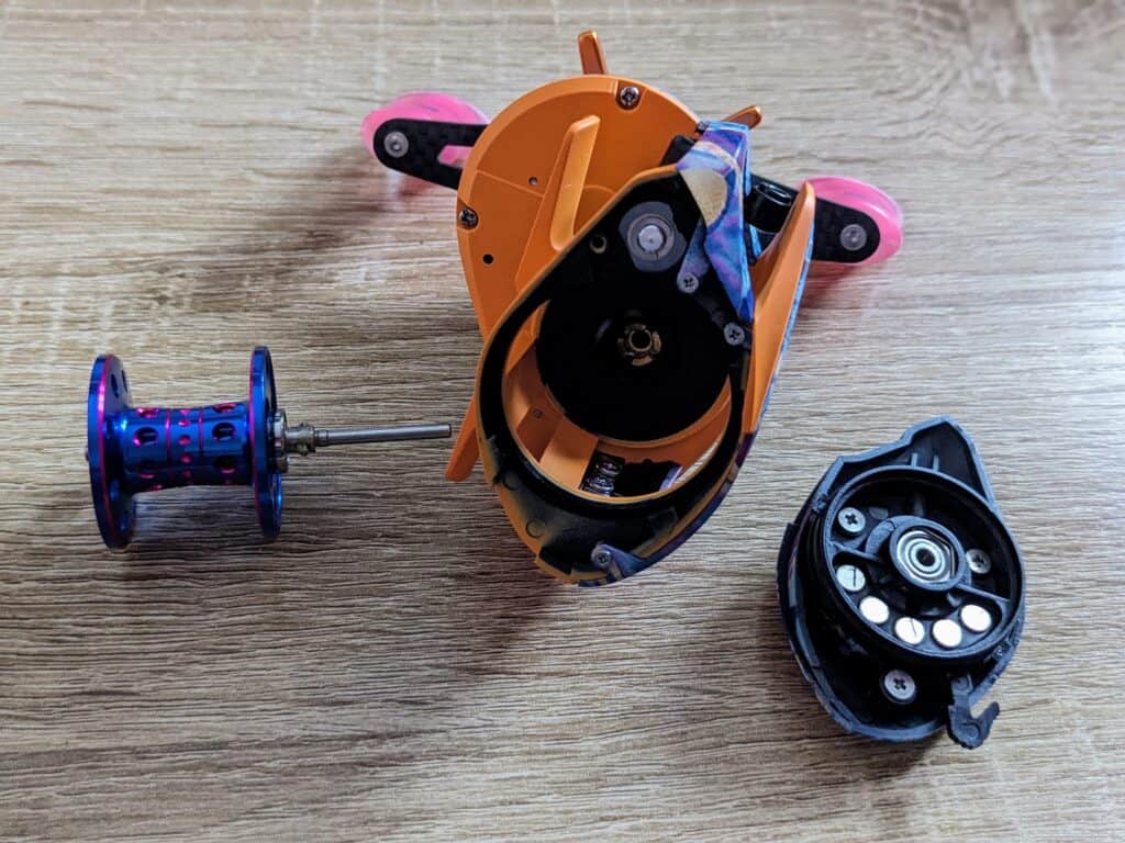 Profishiency Krazy Rizz Baitcast Combo - reel only, with side plate and spool removed